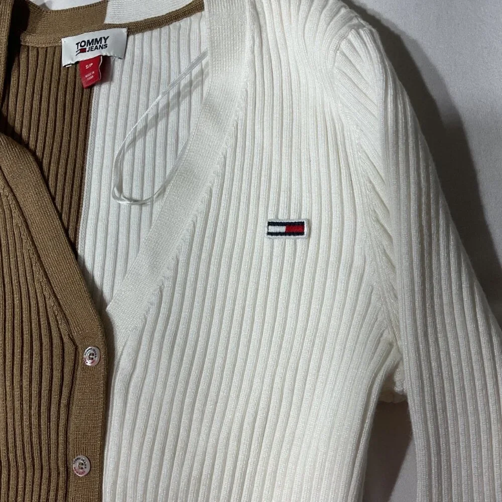 Tommy Jeans Two-Tone Ribbed Knit Button-Up  Size S Cardigan In White & Brown - Picture 6 of 10